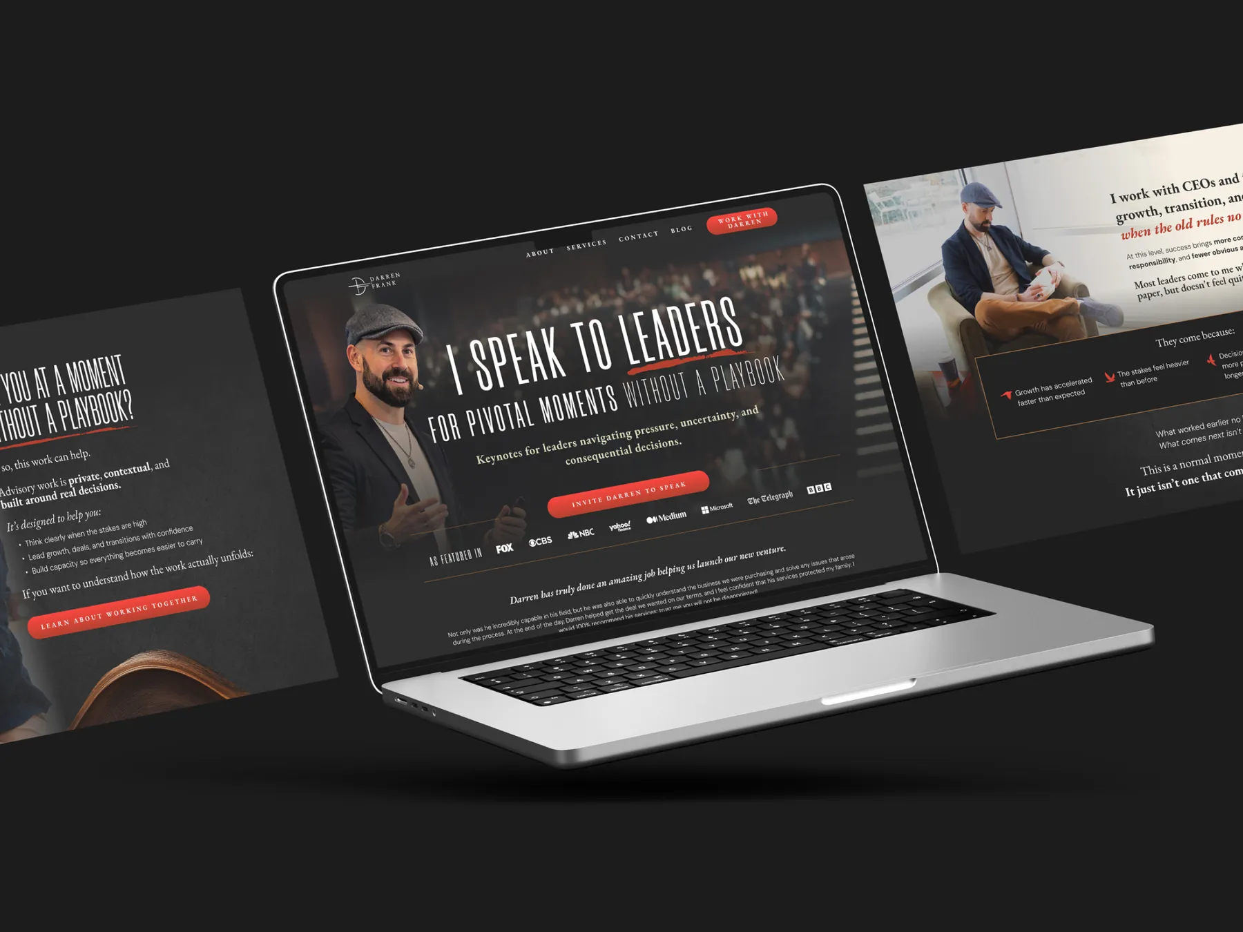 Leadership keynote speaker website shown on a laptop