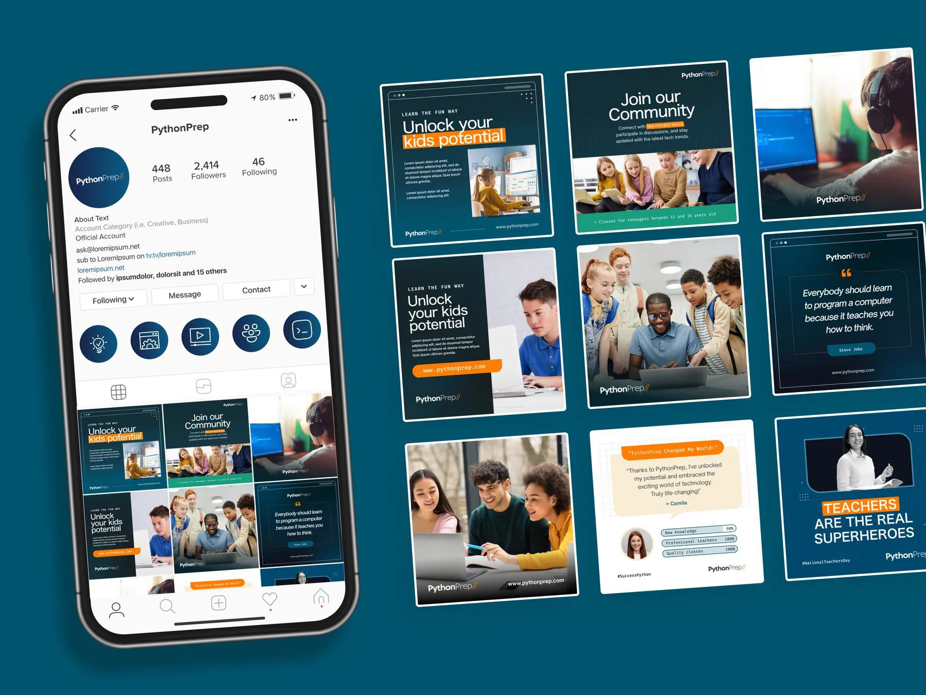 Social media designs for Python Prep, a coding school for kids