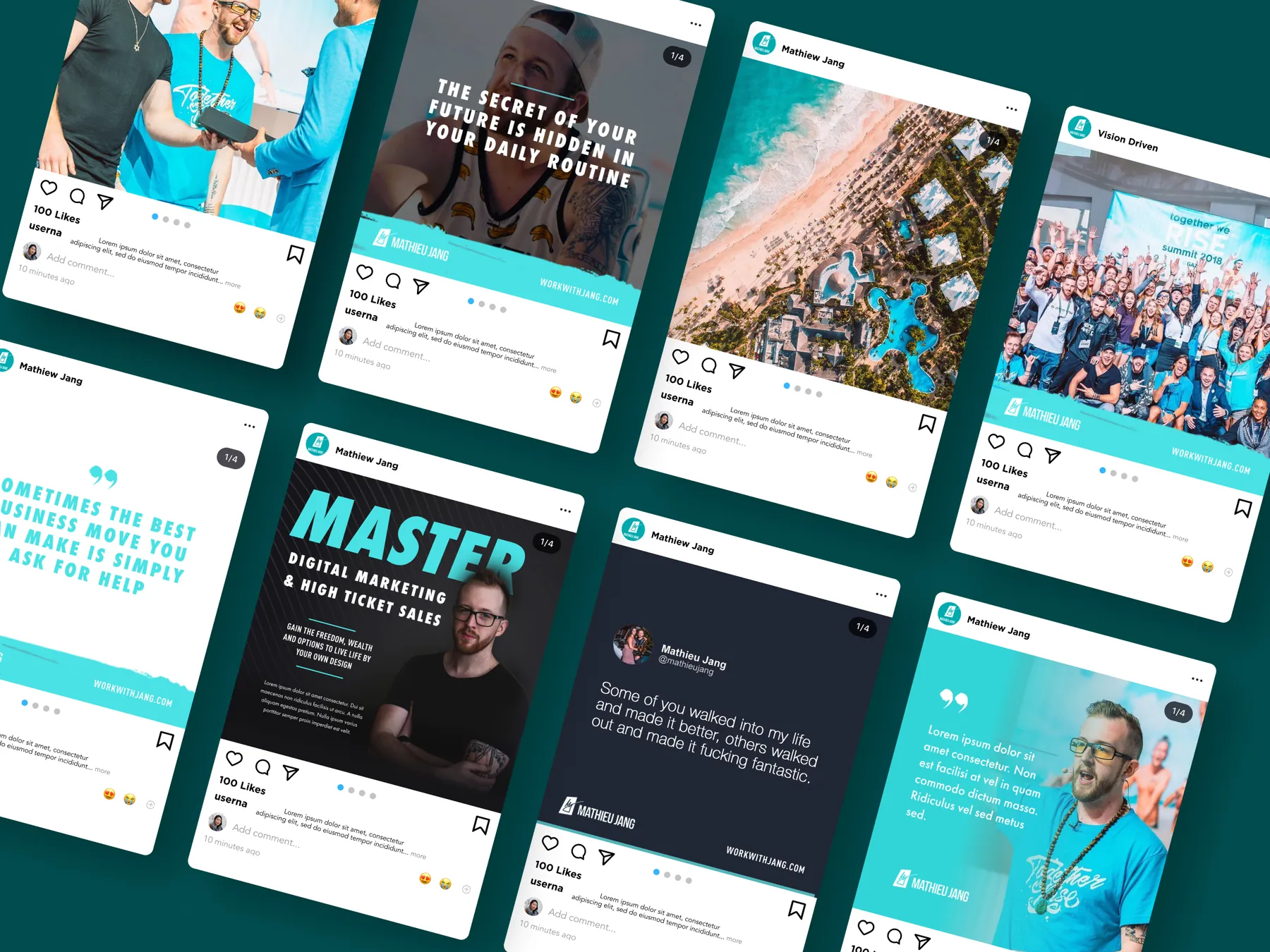 Social media designs for business coach Mathieu Jang