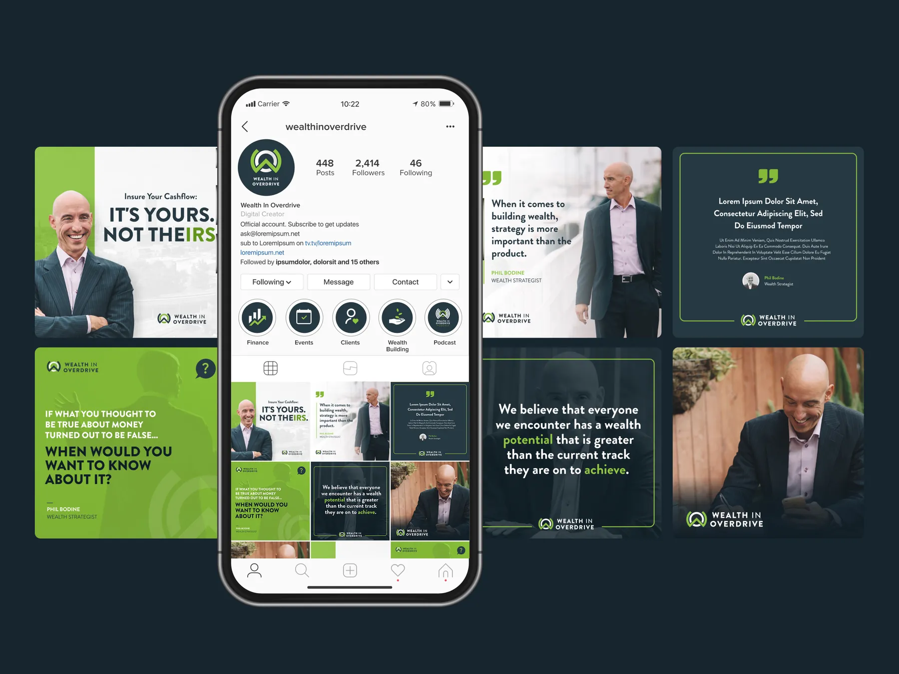 Social media designs for Wealth In Overdrive, a wealth strategy firm
